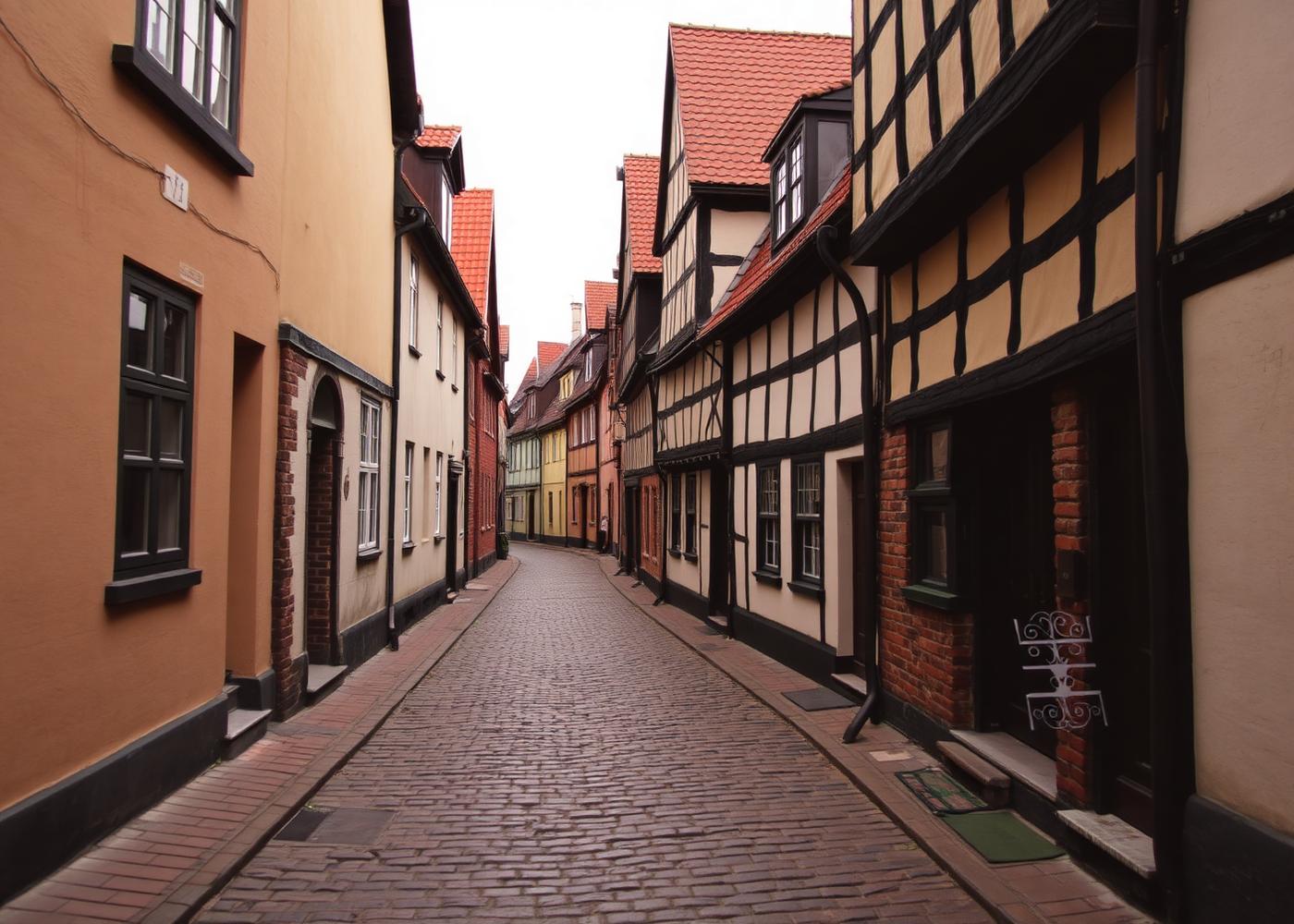 Brostensgade med gamle bindingsværkshuse i Ribe
